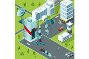 Launch pad of the spaceport. Isometric buildings