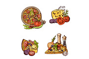 Vector colored hand drawn italian pizza, vegetables and cheese piles set
