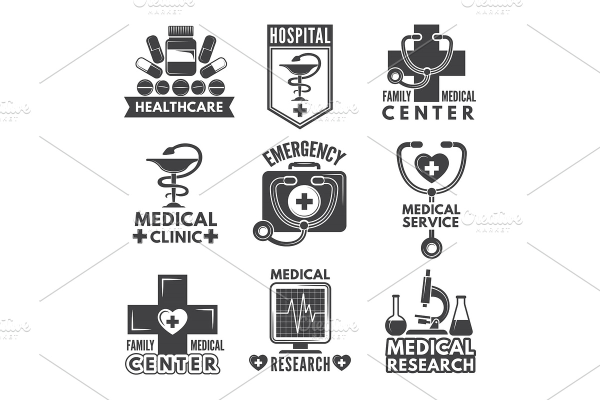 Pharmacy, chemistry or medicine labels set. Vector monochrome logos template in Graphics - product preview 8