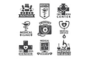 Pharmacy, chemistry or medicine labels set. Vector monochrome logos template
