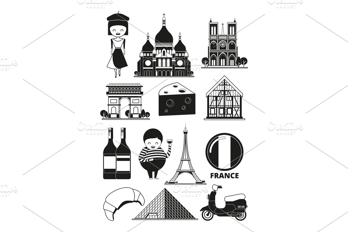 Monochrome illustrations of french landmarks. Vector pictures in cartoon style in Graphics - product preview 8