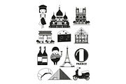 Monochrome illustrations of french landmarks. Vector pictures in cartoon style