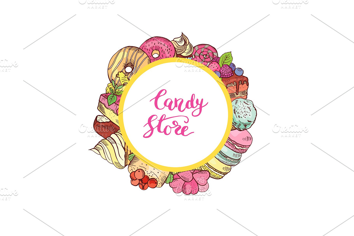 Vector hand drawn colored sweets around circle with place for text in Graphics - product preview 8