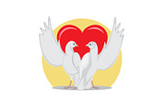Two Doves Rise Wings Up on Background of Red Heart