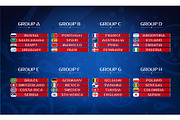 Football championship groups. Set of national flags. Draw result. Soccer world tournament.