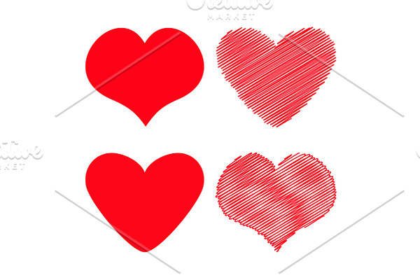 Red heart icon set. Scribble line 