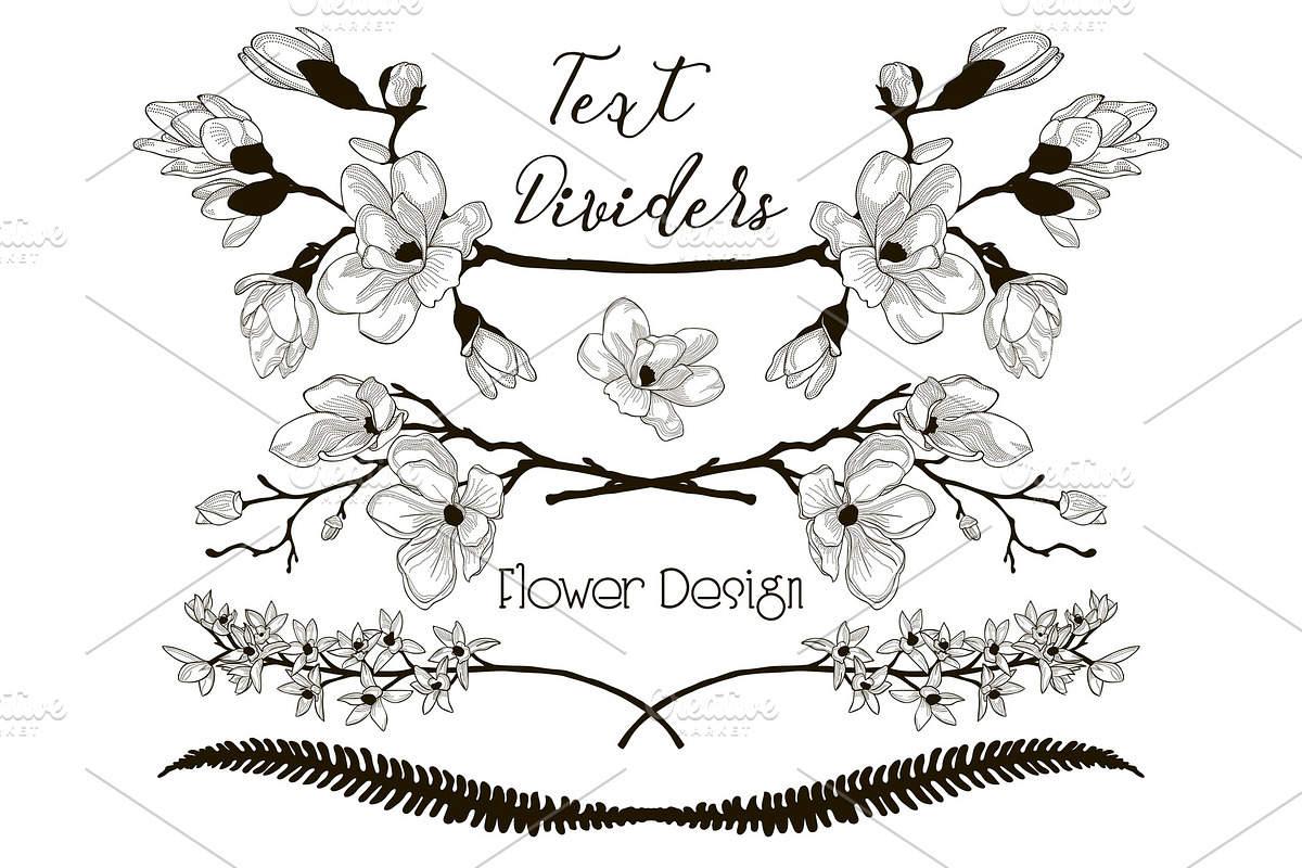Vector Black Floral Text Dividers. Flower Design Elements in Illustrations - product preview 8