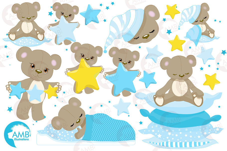 Teddy Bear Clipart in blue, AMB-980 in Illustrations - product preview 8