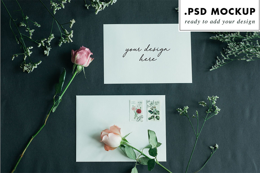 Dark wedding card & envelope mockup