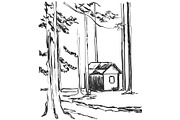 Wood cabins in forest landscape vector illustration