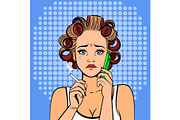 Pop art girl with phone crying