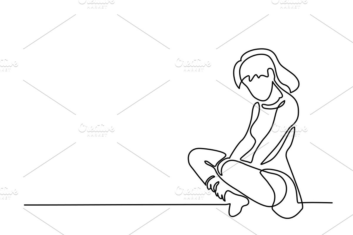 line drawing. Sitting sad girl in Illustrations - product preview 8