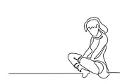 line drawing. Sitting sad girl