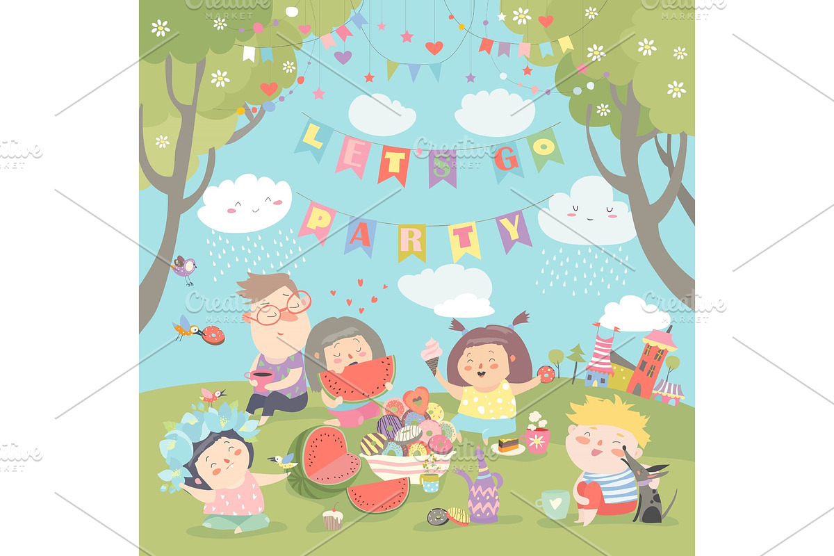 Children having picnic at the lawn in Illustrations - product preview 8