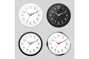 Set of Realistic classic black, white and silver round wall clock icon isolated on transparent background.