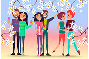 Happy couples and Cherry Blossoms Illustration