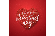 Happy Valentines Day lettering greeting card on red bright heart background.