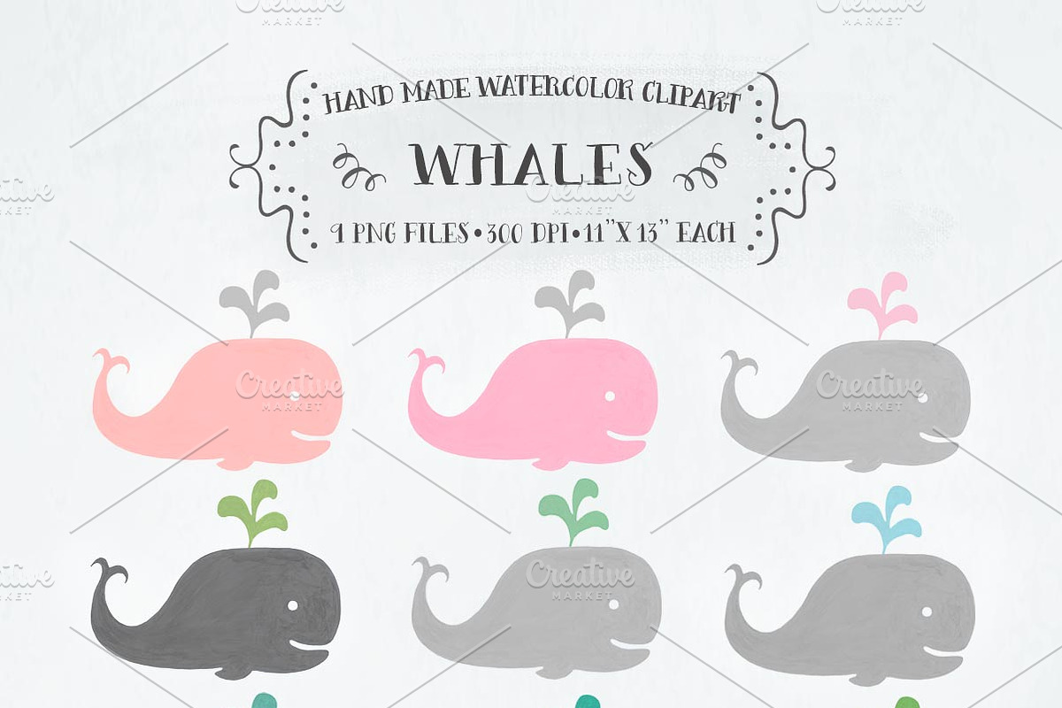 Baby whales watercolor clipart in Illustrations - product preview 8