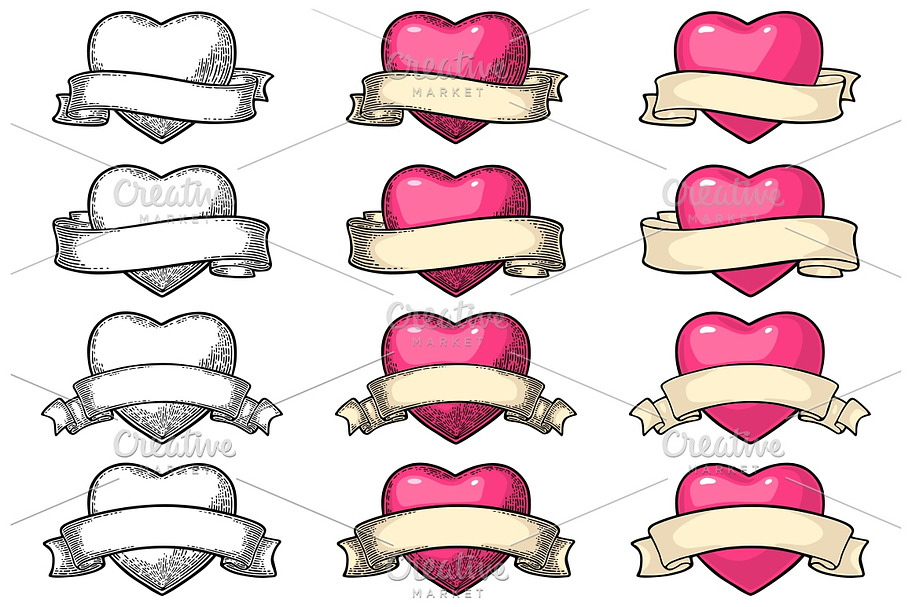 Heart with ribbon engraving in Illustrations - product preview 8