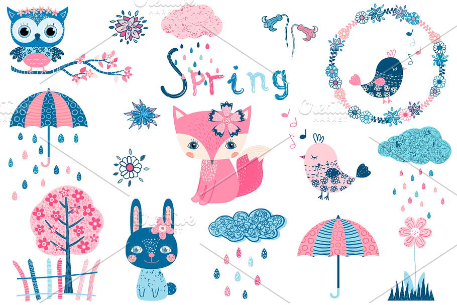 Cute spring clipart set with animals