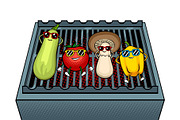 Vegetables on bbq pop art vector illustration
