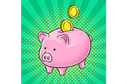 Piggy bank and golden coins pop art vector