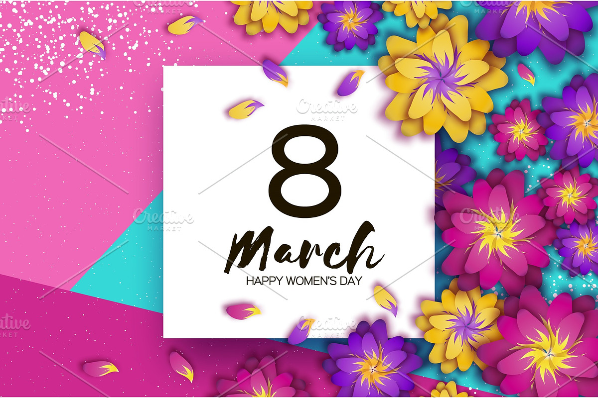 8 March. Bright Pink Origami Flowers. Happy Womens Day. Trendy Mothers Day. Paper cut Exotic Tropical Floral Greetings card. Spring blossom. Square frame for Text. Holidays. Modern decor. in Illustrations - product preview 8
