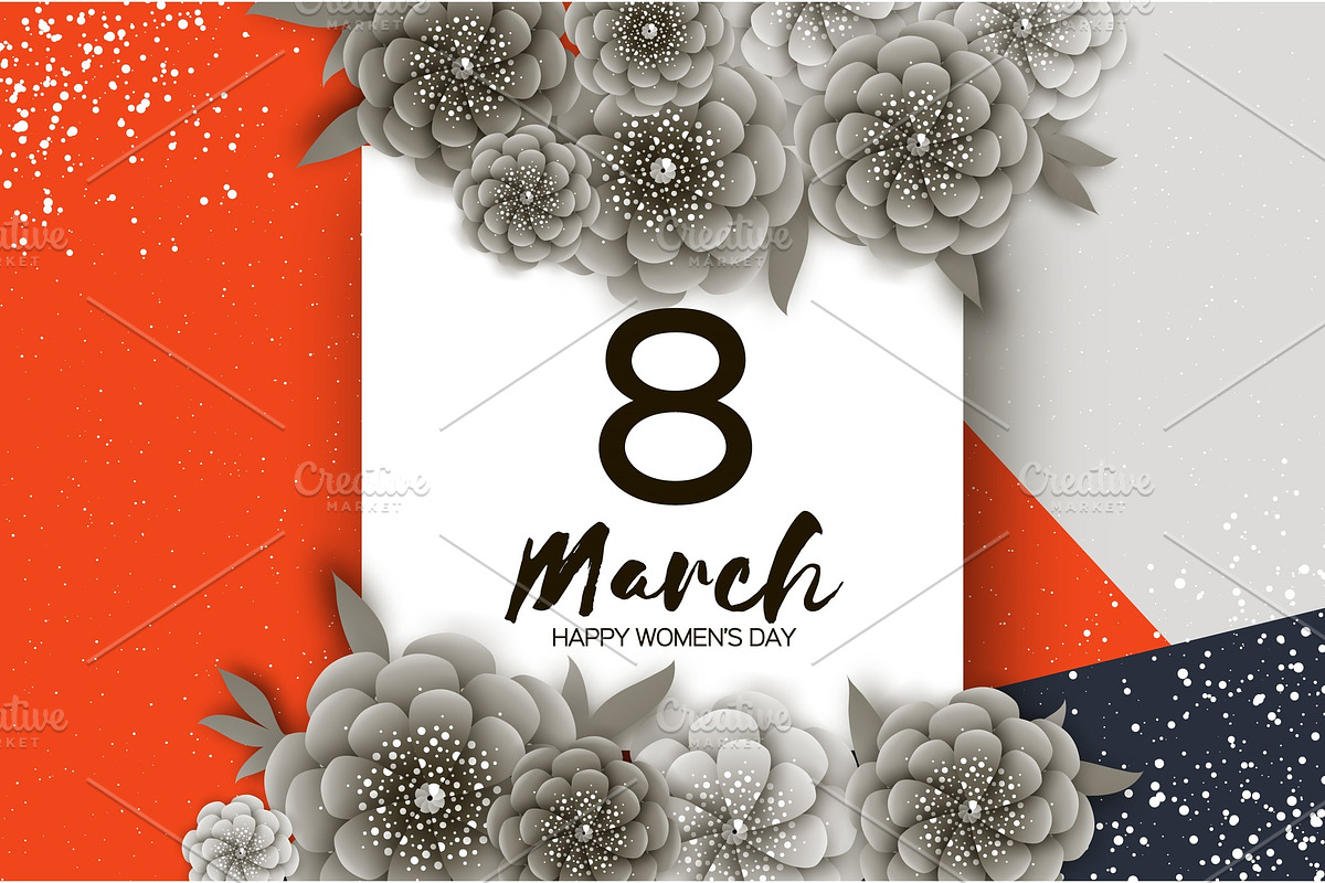 Monochrome Happy Womens Day. 8 March. Trendy Mothers Day. Paper cut Exotic Tropical Floral Greetings card. Origami Flowers. Spring blossom. Square frame. Text. Seasonal holiday. Modern decoration. in Illustrations - product preview 8