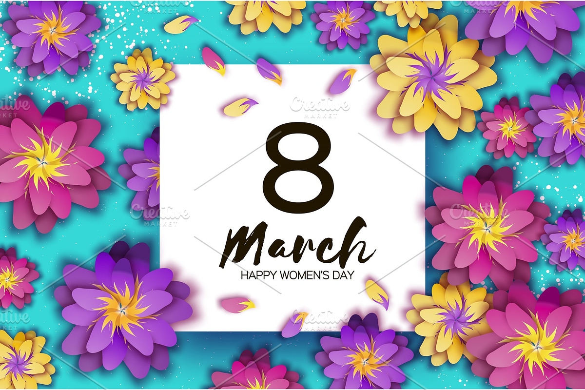 Bright Happy Womens Day. 8 March. Trendy Mothers Day. Paper cut Exotic Tropical Floral Greetings card. Origami Flowers. Spring blossom on sky blue. Square frame. Text. Seasonal holiday. Modern decor in Illustrations - product preview 8