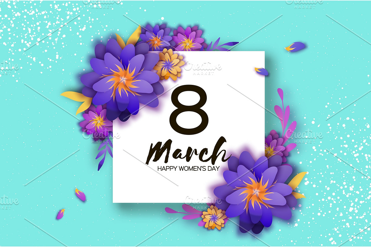 Bright Violet Origami Flowers. Happy Womens Day. 8 March. Trendy Mothers Day. Paper cut Exotic Tropical Floral Greetings card. Spring blossom on blue sky. Square frame. Text. Holidays. Modern decor in Illustrations - product preview 8