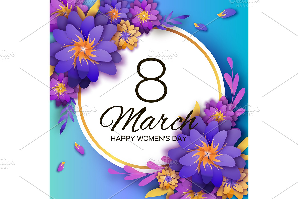 Bright Violet Origami Flowers. Happy Womens Day. 8 March. Trendy Mothers Day. Paper cut Exotic Tropical Floral Greetings card. Spring blossom on sky blue. Circle frame. Text. Holidays. Modern decor in Illustrations - product preview 8