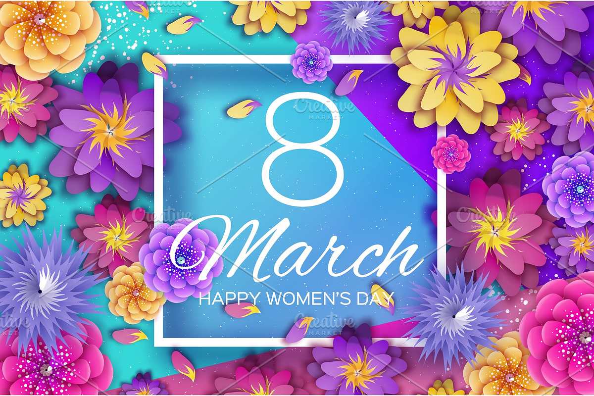8 March. Bright Origami Flowers. Happy Women s Day. Trendy Mother s Day. Paper cut Exotic Tropical Floral Greetings card. Spring blossom. Square frame for Text. Holidays. Modern decor. in Illustrations - product preview 8