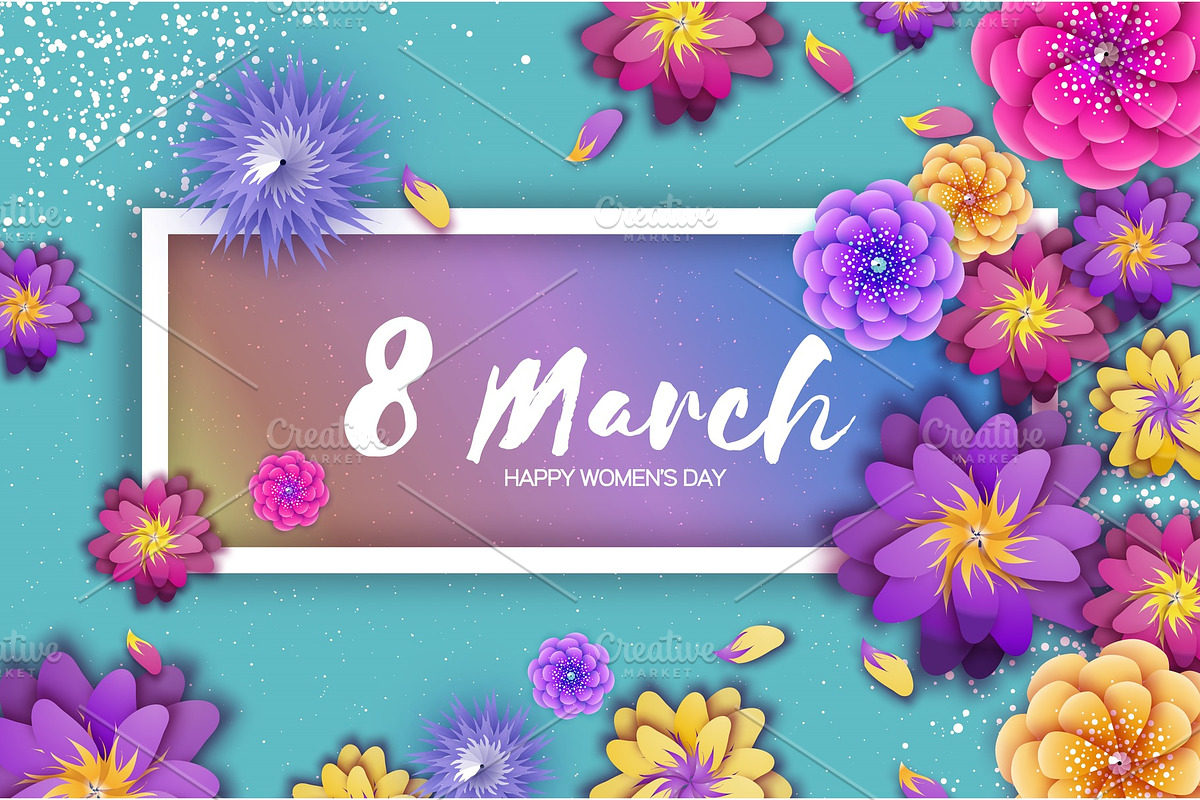 Origami Spring Banner. Paper cut Exotic Tropical Floral Greetings card. Spring blossom. Rectangle frame. Happy Womens Day. 8 March. Text. Seasonal holiday. Trendy decor. in Illustrations - product preview 8