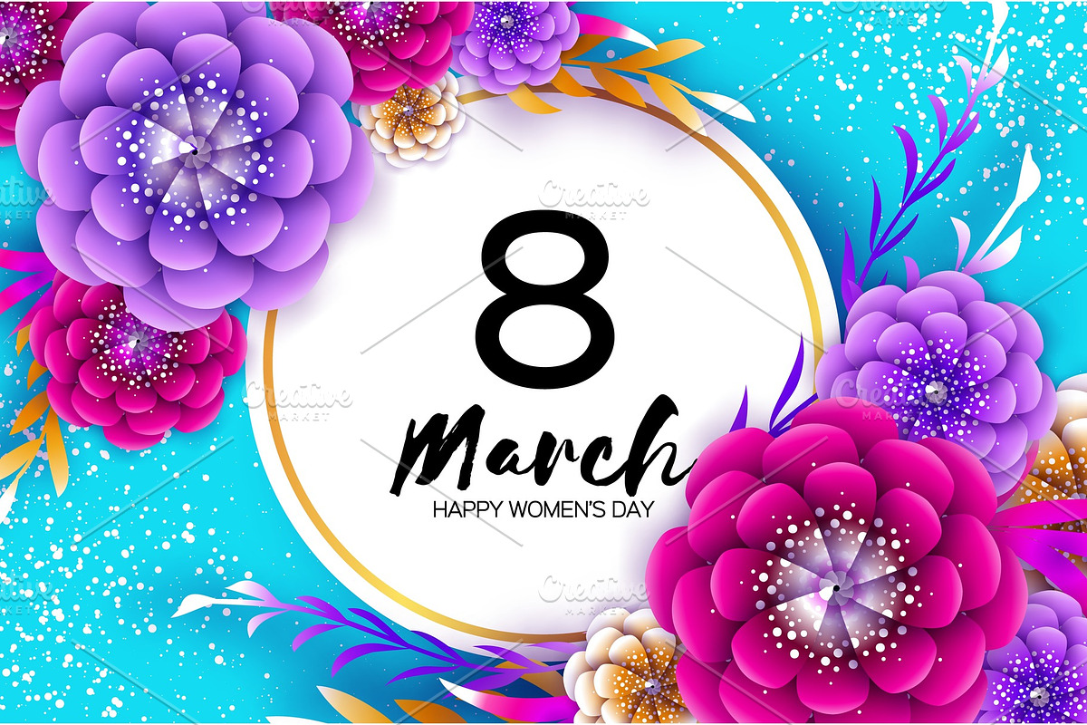Bright Colorful Origami Flowers. Happy Women s Day. 8 March. Trendy Mother s Day. Paper cut Exotic Tropical Floral Greetings card. Spring blossom on sky blue.Circle frame. Text. Holidays. Modern decor in Illustrations - product preview 8