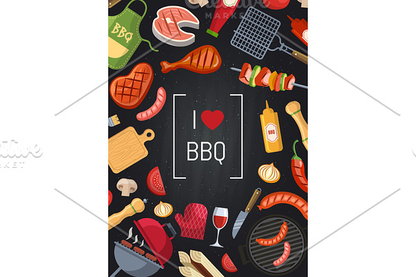 Barbecue or grill with coking elements on chalkboard