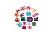 Vector gift packages and boxes with colorful wrapping round illustration