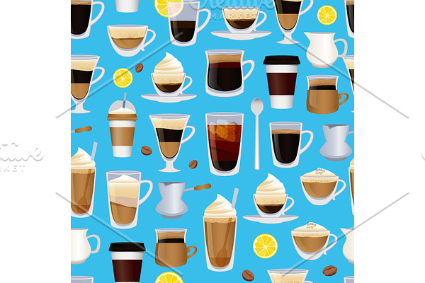 Vector cups filled with coffee pattern or background