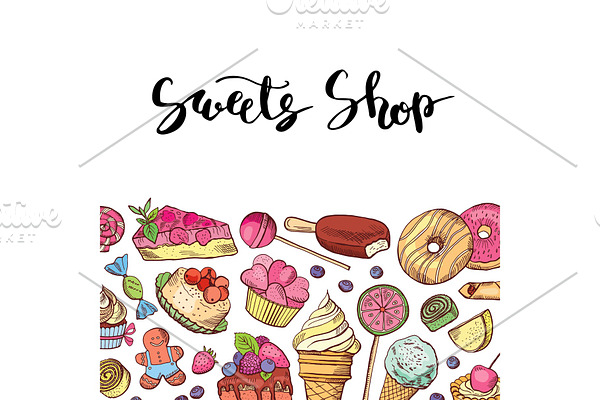 Vector hand drawn colored sweets shop or confectionary