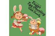 Little girl smile running hunting decorative chocolate egg in easter bunny costume ears and tail vector illustration, spring holiday fun isolated on white, baby run with paschal basket for eggs hunter