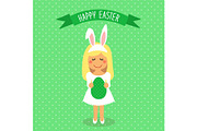 Cute Easter card with funny cartoon character of girl with Egg in hands