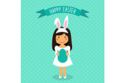Cute Easter card with funny cartoon character of girl with Egg in hands