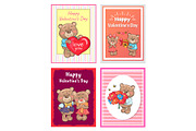 Happy Valentines Day Poster Set Teddy with Bouquet