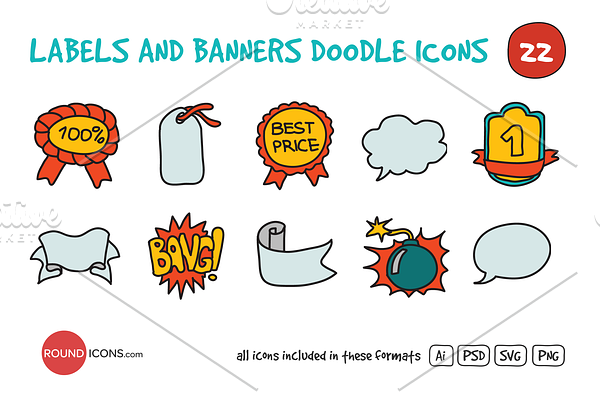 Labels and Banners Doodle Icons Set