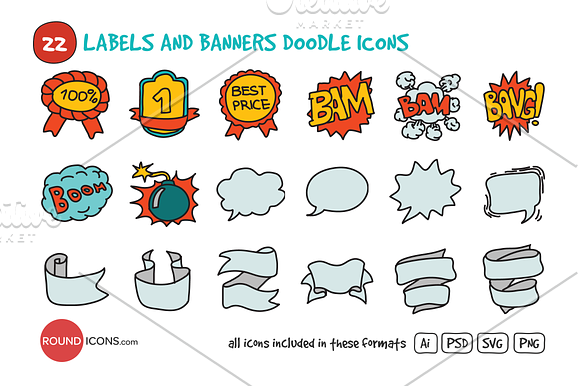 Labels and Banners Doodle Icons Set in Graphics - product preview 1