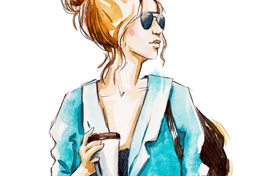 Street fashion. Watercolor sketch in Illustrations - product preview 8