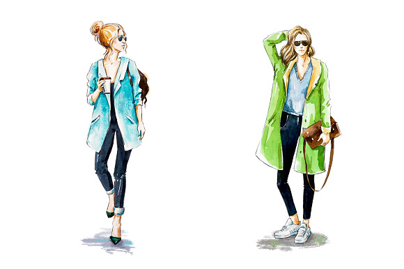 Street fashion. Watercolor sketch in Illustrations - product preview 1
