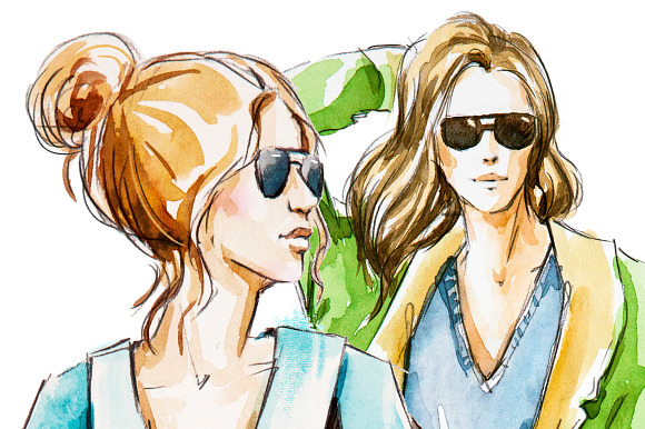 Street fashion. Watercolor sketch in Illustrations - product preview 2