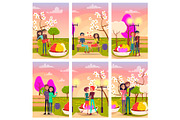Six Cards of Loving Couples at Flowering Spring