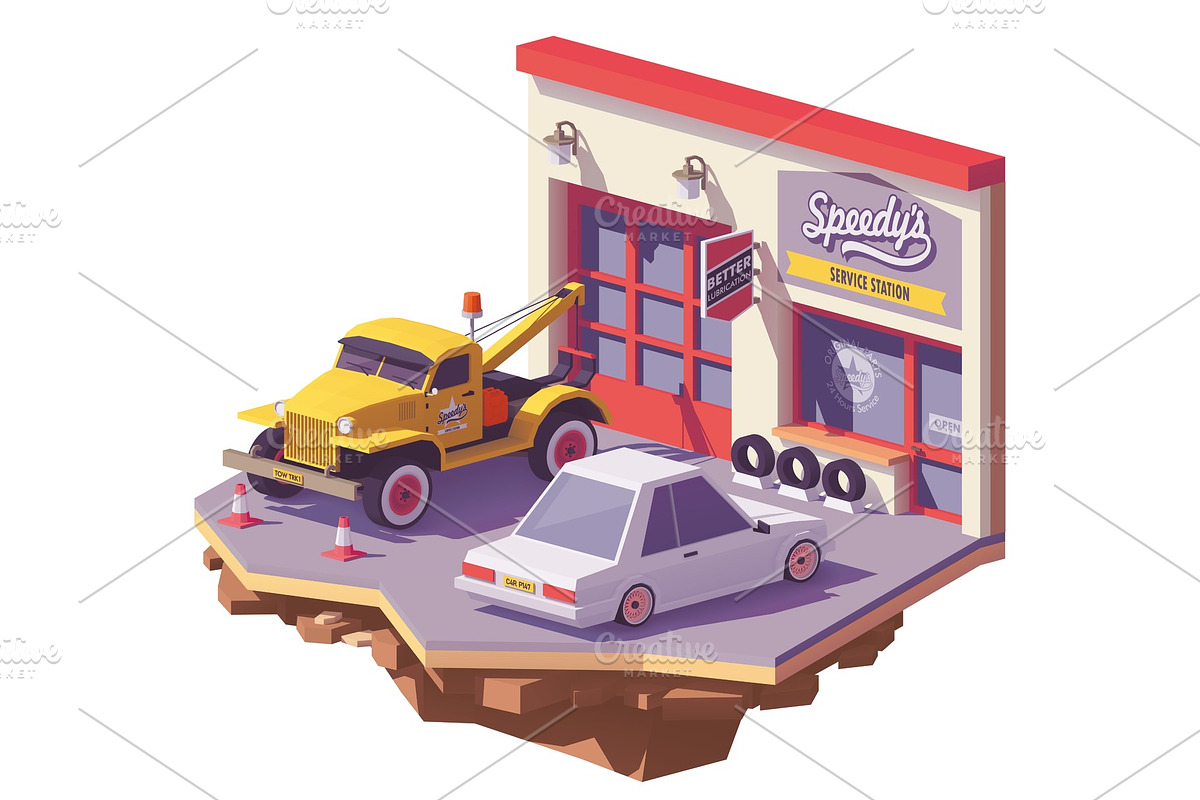 Vector low poly automobile repair shop in Illustrations - product preview 8