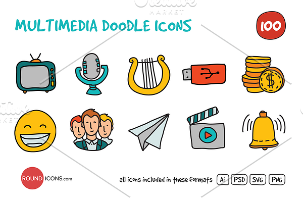 Multimedia Doodle Icons Set